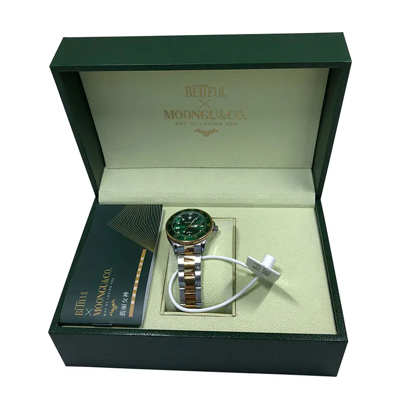 Custom custom logo green luxury watch gift box packaging paper Lid hinge base box with insert and small pillow for watch