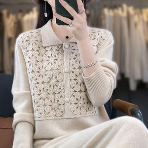 Gaun Rajut Kasmir Murni Buatan Tangan Industri Berat Kerah Kemeja Kerah Polo Lengan Panjang Longgar Panjang Selutut - Product Image 6