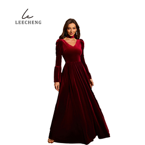 Gaun Senior elegan leher V, gaun malam ayun beludru panjang dengan lengan bengkak dan Detail Bib - Product Image 5