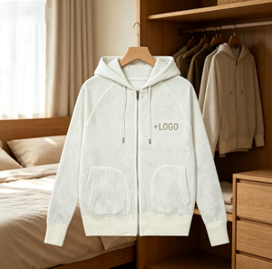 Sudadera con capucha y cremallera para mujer, blanca, de ajuste regular, manga larga, color liso, de algodón tejido, con logo frontal, para otoño - Product Image 1