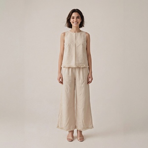 Completo due pezzi <span class=keywords><strong>beige</strong></span> effetto <span class=keywords><strong>lino</strong></span> da <span class=keywords><strong>donna</strong></span>, top senza maniche e <span class=keywords><strong>pantaloni</strong></span> a gamba larga con orlo sfrangiato, set casual estivo coordinato - Product Image 1
