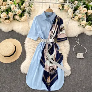Wholesale satin scarf shirt-Spring summer Turn down Collar Long sleeve Shirt with belt Silk scarf casual patchwork women casual dresses