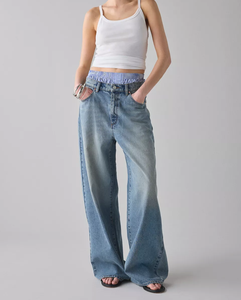 レディース サマー ヴィンテージデザイン デニムジーンズ 通気性 コットン ライト/ダーク スキニーフィット ボタン グレー ワイドレッグ ハイ スラントウエスト ダーク - Product Image 1