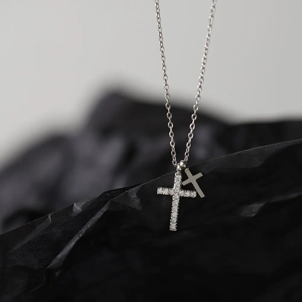 Deux tailles grand et petit pendentif croix délicate cristal zircon diamant acier inoxydable sans ternissement collier bijoux meilleure vente