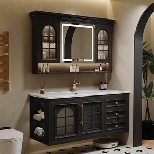Combinaison d'armoires de salle de bain rétro en chêne français, meuble-vasque en bois massif, lavabo intégré en céramique - Product Image 4