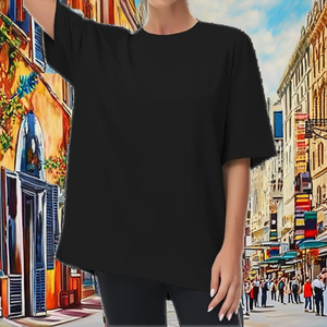 Euro-Chic Oil Painting Print <b>Canvas</b> <b>Plain</b> Dyed Drawstring Regular Fit Short Sleeve T-Shirt-Women's Sexy Versatile Indie Top - Product Image 2