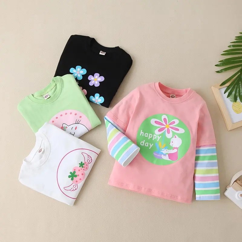 New Spring Autumn Toddler Girl Clothes Lovely Cartoon Animal Flower Patchwork Long Sleeve T-shirt Tops Casual Kids Clothes 1-6Y