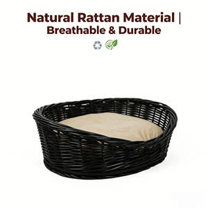 Cesta Cama para Mascotas <span class=keywords><strong>de</strong></span> Mimbre Negro Tejida a Mano, Premium y Natural, con Cojín Beige Suave Extraíble para Gatos, Perros y Mascotas Pequeñas - Product Image 3