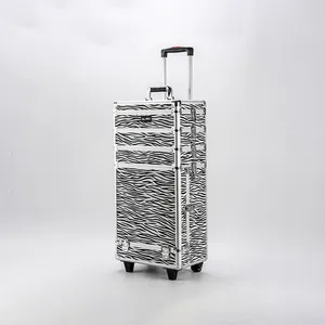 Glary zebra makeup rolling train case with handle aluminum makeup trolley case beauty cases for makeup