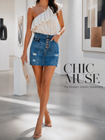 Mini-jupe en jean vintage taille haute boutonnée pour femme - Jupes en jean bleu déchiré avec ourlet effiloché - Style bohème chic coupe trapèze