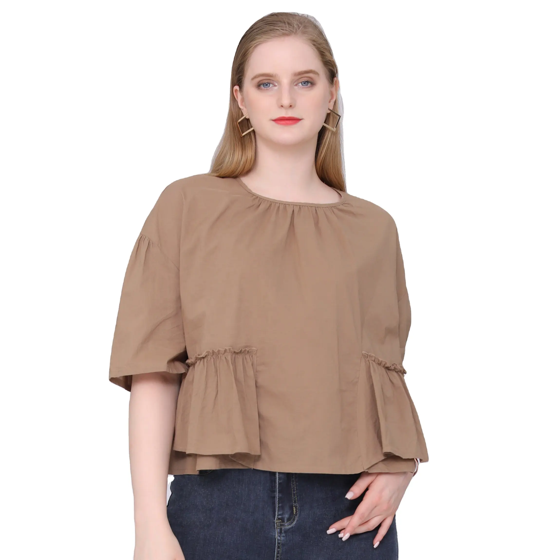 2022 new arrival casual designs short sleeve O-Neck women's tops brown shirt ladies tops for women