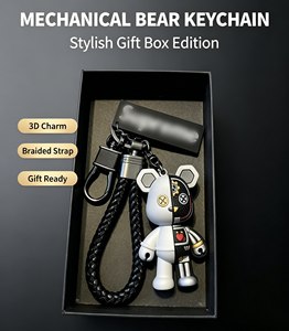 QY Street Fashion 3D PVC Split Mechanical Bear Figure Keychain Braided Leather <b>Wrist</b> <b>Strap</b> Keyring - Product Image 6