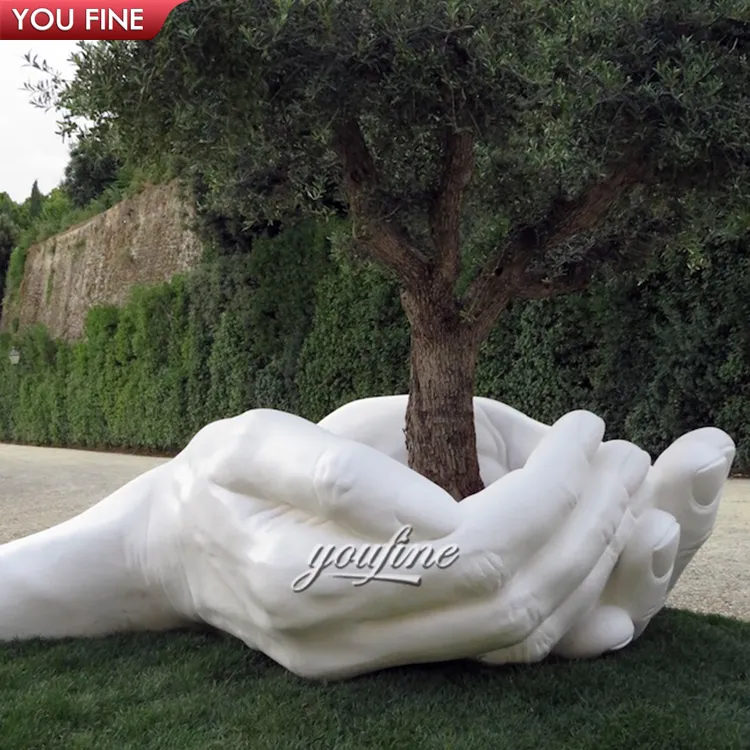 Customized Outdoor Art Deco White Bronze Hand Statue Holding Tree Sculpture For Garden