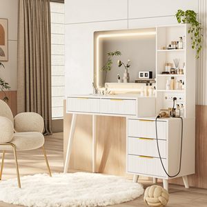 SENYU Factory Wholesale Wood Vanity Desk with Mirror Lights Power Outlet Storage Customizable Bedroom Makeup Dresser Desk - Product Image 4