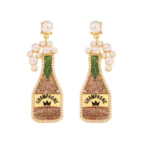 Bachelorette Statement Pearl Earring Champagne Bottle Mardi Gras Dangle Earrings Festival Accessories Jewelry