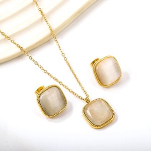 European American Retro <b>Square</b> Cat's Eye Stone Necklace Earring <b>Set</b> Gold Plated Stainless Steel Jewelry For Women - Product Image 1