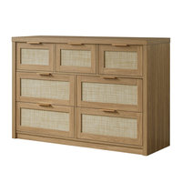 Commode large en rotin style bohème à 7 tiroirs, en MDF, avec poignées en bois, pour chambre et salon