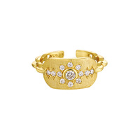 S925 Sterlingsilber Vergoldeter Breiter Offener Manschettenring mit Zirkonia-Blumenkette, Vintage Strukturierter Verstellbarer Bohemian Statement-Ring für
