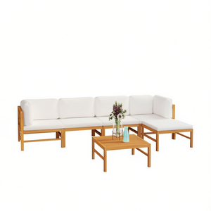 Ensemble de salon de jardin modulaire en teck 6 pièces, mobilier d'extérieur crème, design contemporain - Product Image 1