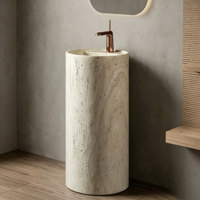 Lavabo sur pied rond minimaliste en marbre blanc personnalisé, lavabo en pierre naturelle polie pour salles de bain de luxe