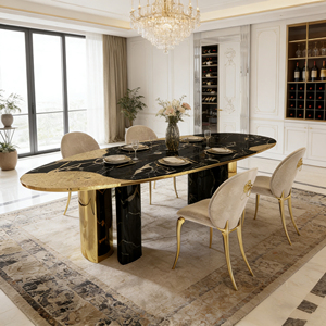 Mesa de Comedor de Lujo de Alta Gama con Tablero de Diseño Patchwork y <span class=keywords><strong>Base</strong></span> con Detalles en Dorado <span class=keywords><strong>para</strong></span> Villas y Hoteles - Product Image 6