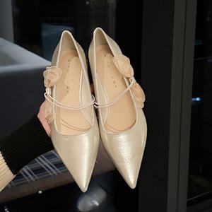 Bailarinas Francesas con Punta en Pico para Mujer, Diseño con Perlas, Patrón Geométrico Impermeable, Parte Superior de Cuero Genuino, Correa Única - Product Image 1