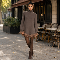 Robe pull ample en maille unie pour femme, col roulé haut, manches longues lanternes, ourlet à volants en dentelle, mini-robe oversize