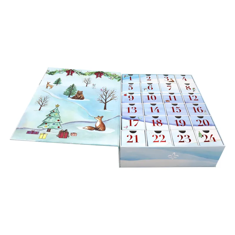 Personalizzazione carta iridescente magnetico chiuso calendario dell'avvento di natale scatola di imballaggio con 24 cassetti