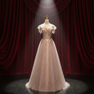 Nuovo <span class=keywords><strong>Abito</strong></span> Estivo di Lusso Leggero con Spalle Scoperte, <span class=keywords><strong>Paillettes</strong></span> e Raso a Fantasia Naturale, Lunghezza al Pavimento, Taglio ad A con Strass - Product Image 1