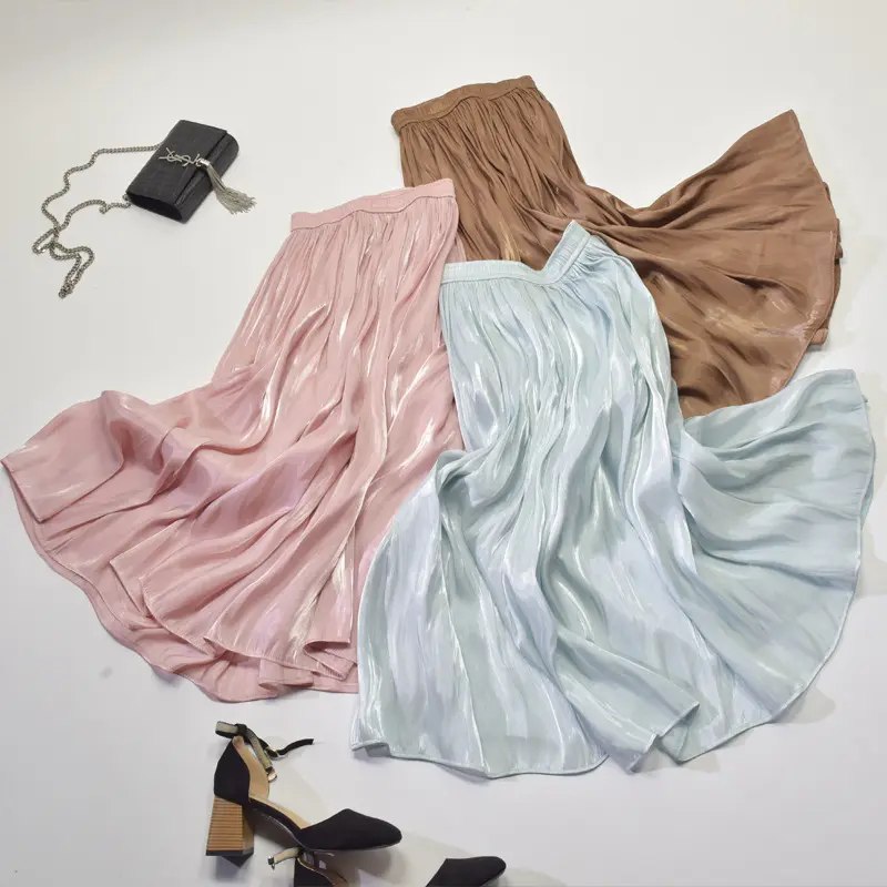 silky draping large swing flowing pleated skirt high waist mid-length A-line skirt high waist a line elastic tulle skirt