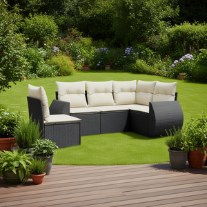 Set divano da giardino in rattan bianco crema e nero, 6 posti, mobili da esterno, design contemporaneo - Product Image 3