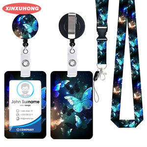 XXH-Fluorescent Butterfly Printed Acrylic Plate Push-fit Slide Cover ID Card Holder Yoyo Badge Reel with Woven Lanyard - Product Image 1