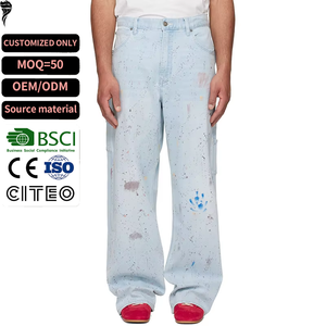 Vaqueros Baggy de Mezclilla Lavada Estilo Vintage Personalizados, Ajuste Holgado, Elásticos, Talla Grande, Estilo Pintor - Product Image 1