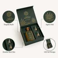 Coffret cadeau de tequila personnalisé avec verres à shot, boîte rigide vert foncé, emballage en feuille d'agave dorée Blanco Reposado