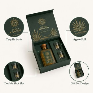 Caja de Regalo de Tequila Personalizada con Vasos de Chupito, Caja Rígida Verde Oscuro, Papel de Aluminio Dorado con Diseño de Agave, Embalaje para Tequila Blanco Reposado - Product Image 3
