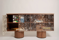 Buffet de rangement design en verre artistique, éclairé, en bois massif, pour salle à manger