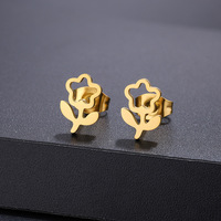 Anting-anting tusuk grosir Rinhoo dari baja tahan karat, minimalis, berbentuk bunga, hati, mawar, daun, tulip, kecil, berlapis emas, perhiasan mode.
