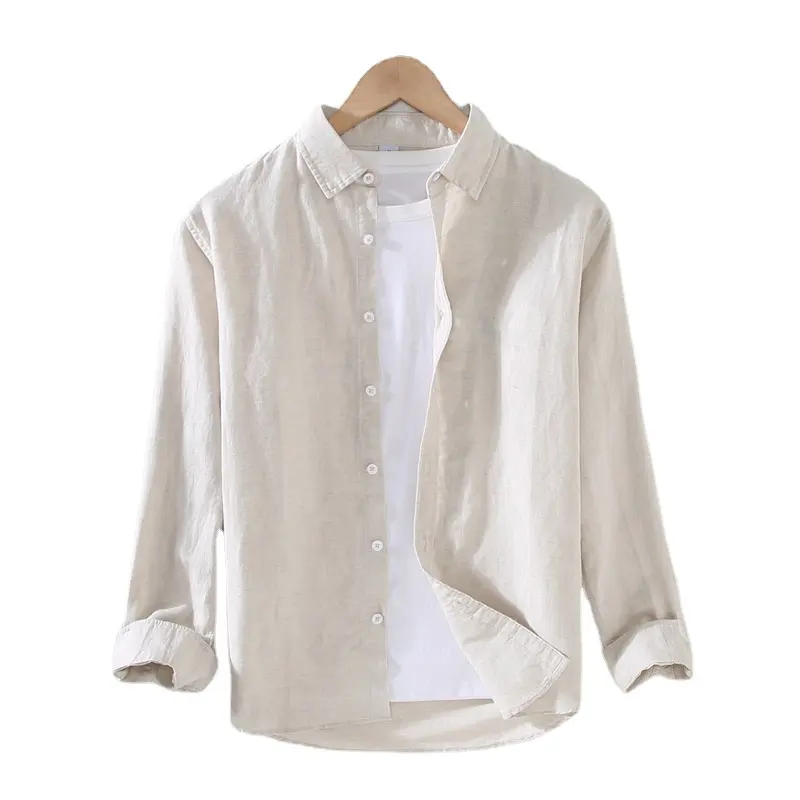 Camicia di lino uomo cotone bottone colletto rovesciato camicie Casual in lino naturale