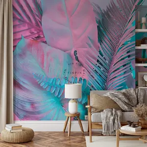 Feuilles de palmier tropicales bleues et roses 3d papier peint auto-adhésif