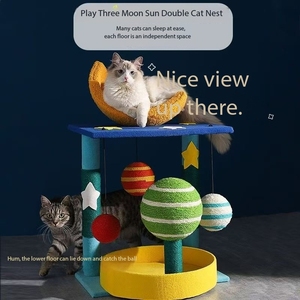 Tour d'escalade pour chat en bois avec étoiles et lune, lit en chanvre, plateforme de saut, nid, colonne à gratter pour chat - Product Image 4