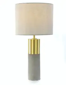 创意现代台灯混凝土底座，带黄铜金属杯白色亚麻客厅灯罩