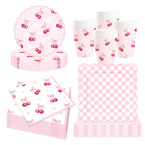 Juego de Platos de Papel para Fiesta de Cumpleaños Infantiles con Diseño Personalizado de Cerezas Rosas - Product Image 2