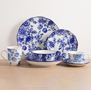 Vintage Blue Floral Print White Ceramic Dinner <b>Set</b>, 28PCS 36PCS Optional, Custom Logo & Packaging Bulk Supply for Russian Market - Product Image 1