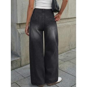 Jeans à jambes larges pour femmes, taille haute, pantalon en denim ample, coton doux, style décontracté, design plissé, coupe confortable - Product Image 4