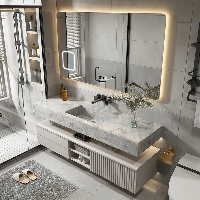 Armario de baño moderno para Hotel, juegos de tocador con encimera de mármol blanco