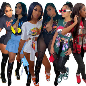 2022 المرأة الصيف Y2K قمم الملابس الجرافيك الجمالية التي شيرت تيز مثير لطيف السيدات طويلة قصيرة الأكمام قمصان قطع علوية بدون أكتاف - Product Image 2