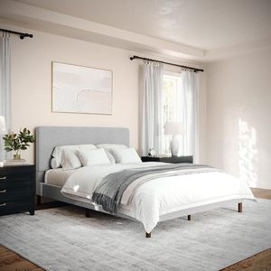Platform <strong>Bed</strong> with Headboard Footboard Faux Linen Upholstery with Piping Detail Rounded No Box Spring Needed Queen <strong>Gray</strong> - Product Image 6