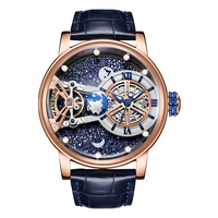 Montre-bracelet automatique mécanique pour homme en or rose, cadran squelette ciel étoilé, phases de lune et de la Terre, montre de luxe pour homme
