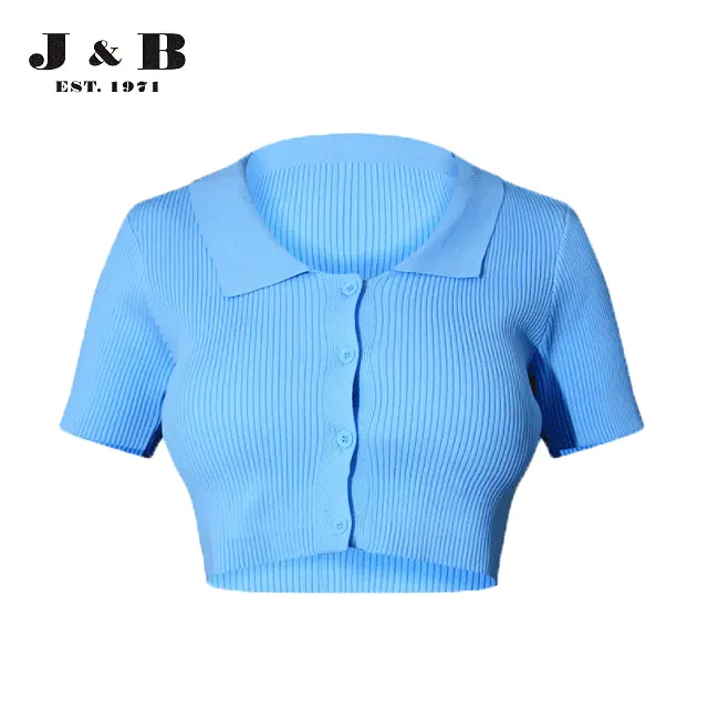 Best for shop Quality Assurance sweater, BABY BLUE RIBBED COLLARED BUTTON UP KNITTED SHORT SLEEVE CARDIGAN