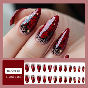 Nouveauté Journée de la Saint-Valentin Ongles pressés vintage bordeaux |   Vente en gros de 24 pièces de roses de style français |   Matériau en gel ABS de haute qualité - Product Image 3